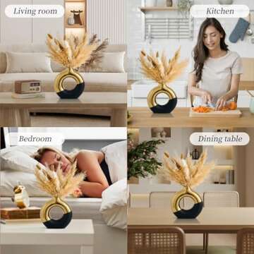 Ceramic Donut Vase, 8" L x 8" H Black and Gold Large Vase for Pampas Grass, Modern Vases for Decor, Gold Vase Centerpieces for Wedding Living Room Bedroom Coffee Table Office Home Decor Gifts