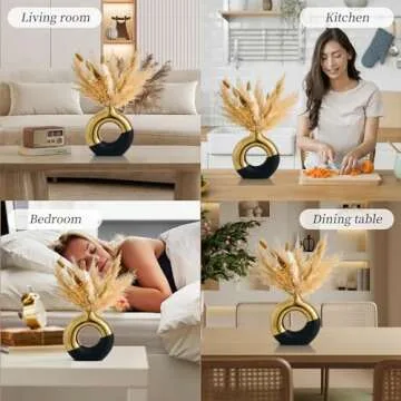Ceramic Donut Vase, 8" L x 8" H Black and Gold Large Vase for Pampas Grass, Modern Vases for Decor, Gold Vase Centerpieces for Wedding Living Room Bedroom Coffee Table Office Home Decor Gifts