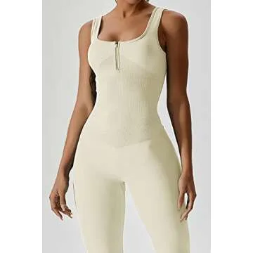 QINSEN Womens Zip Front Square Neck Tank Top Sleeveless Jumpsuit Long Pants Yoga Unitard Rommpers