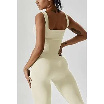 QINSEN Womens Zip Front Square Neck Tank Top Sleeveless Jumpsuit Long Pants Yoga Unitard Rommpers