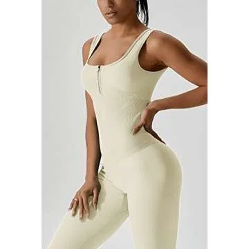 QINSEN Womens Zip Front Square Neck Tank Top Sleeveless Jumpsuit Long Pants Yoga Unitard Rommpers