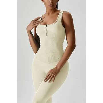 QINSEN Womens Zip Front Square Neck Tank Top Sleeveless Jumpsuit Long Pants Yoga Unitard Rommpers