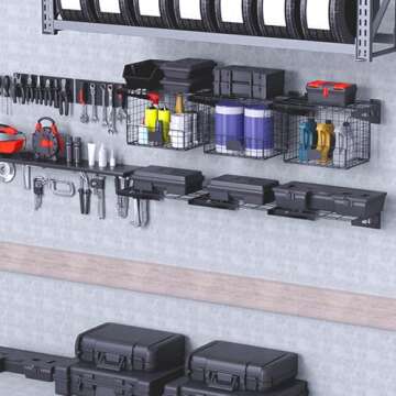 Heevir Garage Wall Shelving with Wire Basket, Heavy Duty Shelf Wall Mount Garage Organizer, Wire Basket with Garage Storage Rack Floating Shelves for Home Garden Workshop Organization and Storage