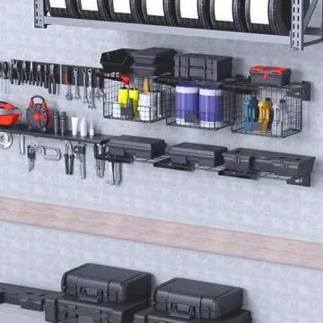 Heevir Garage Wall Shelving with Wire Basket, Heavy Duty Shelf Wall Mount Garage Organizer, Wire Basket with Garage Storage Rack Floating Shelves for Home Garden Workshop Organization and Storage