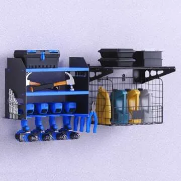 Heevir Garage Wall Shelving with Wire Basket, Heavy Duty Shelf Wall Mount Garage Organizer, Wire Basket with Garage Storage Rack Floating Shelves for Home Garden Workshop Organization and Storage