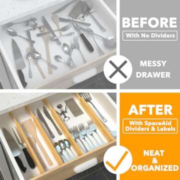 SpaceAid 4 Pack Bamboo Drawer Dividers with Labels, Kitchen Adjustable Drawer Organizers, Expandable...