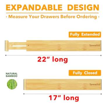 SpaceAid 4 Pack Bamboo Drawer Dividers with Labels, Kitchen Adjustable Drawer Organizers, Expandable Organization for Home Clothes Dressers (17-22 in, Natural)