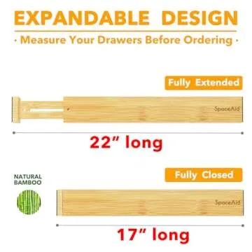 SpaceAid 4 Pack Bamboo Drawer Dividers with Labels, Kitchen Adjustable Drawer Organizers, Expandable Organization for Home Clothes Dressers (17-22 in, Natural)