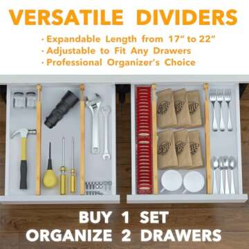 SpaceAid 4 Pack Bamboo Drawer Dividers with Labels, Kitchen Adjustable Drawer Organizers, Expandable Organization for Home Clothes Dressers (17-22 in, Natural)