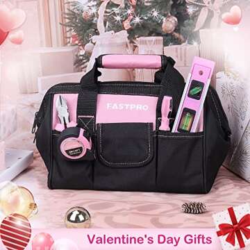 FASTPRO Pink Tool Set, 220-Piece Lady's Home Repairing Tool Kit with 12-Inch Wide Mouth Open Storage Tool Bag