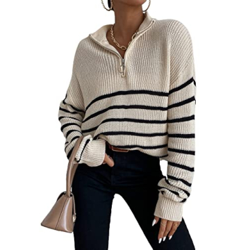 MakeMeChic Women's Casual Striped Half Zip Up Drop Shoulder Long Sleeve Sweater Pullover Top