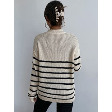 MakeMeChic Women's Casual Striped Half Zip Up Drop Shoulder Long Sleeve Sweater Pullover Top