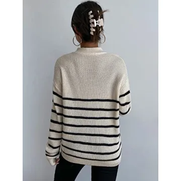 MakeMeChic Women's Casual Striped Half Zip Up Drop Shoulder Long Sleeve Sweater Pullover Top