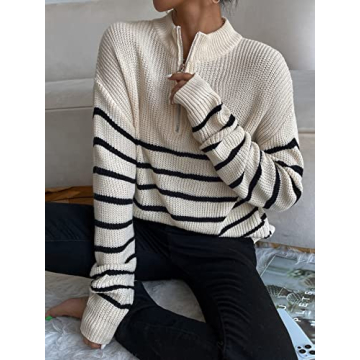 MakeMeChic Women's Casual Striped Half Zip Up Drop Shoulder Long Sleeve Sweater Pullover Top