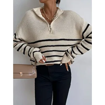 MakeMeChic Women's Casual Striped Half Zip Up Drop Shoulder Long Sleeve Sweater Pullover Top
