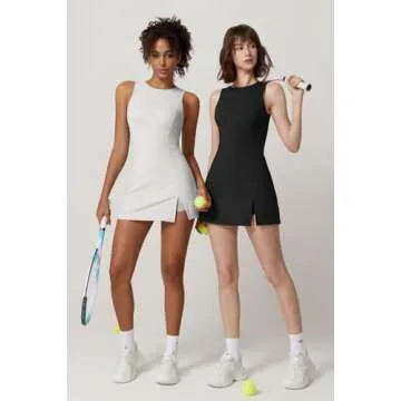 QINSEN Workout Dress for Women Crew Neckline Tennis Dress Build in Shorts with Two Pockets Black M