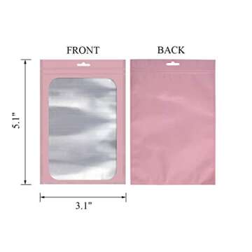 100 Pack Resealable Mylar Ziplock Food Storage Bags, Smell Proof Ziplock Bags with Clear Window Seal Pouch Food Safe Storage Supplies (Pink, 3.1 x 5.1 Inch)