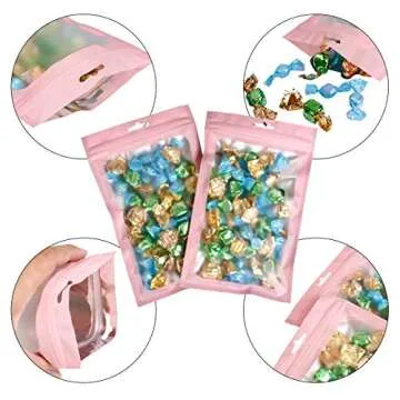100 Pack Pink Resealable Mylar Ziplock Bags for Food Storage