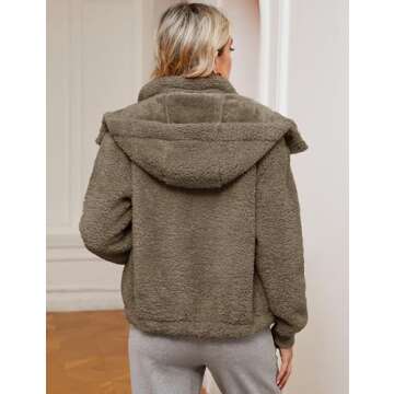 Micoson Womens Oversized Sherpa Jacket Fuzzy Fleece Coat with Pockets Zip Front Hooded Cardigan Wint...