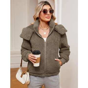 Micoson Womens Oversized Sherpa Jacket Fuzzy Fleece Coat with Pockets Zip Front Hooded Cardigan Winter Warm Outwear (Light Coffee, S)