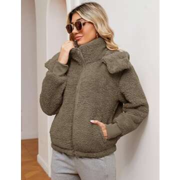 Micoson Womens Oversized Sherpa Jacket Fuzzy Fleece Coat with Pockets Zip Front Hooded Cardigan Winter Warm Outwear (Light Coffee, S)