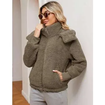 Micoson Womens Oversized Sherpa Jacket Fuzzy Fleece Coat with Pockets Zip Front Hooded Cardigan Winter Warm Outwear (Light Coffee, S)