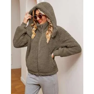 Micoson Womens Oversized Sherpa Jacket Fuzzy Fleece Coat with Pockets Zip Front Hooded Cardigan Winter Warm Outwear (Light Coffee, S)