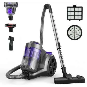 Aspiron Canister Vacuum Cleaner, 1400W Bagless Vacuum Cleaner, Multi-Cyclonic Filtration, 2 Anti-Allergen HEPA Filters, 3.5QT Dust Cup, 4 Tools, Corded Vacuum for Hard Floors, Carpets, Pet Hair, Grey