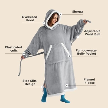 Bedsure Wearable Blanket Hoodie Women - Long Sherpa Hooded Blanket for Adult Warm Cozy Blanket Sweatshirt Gifts for Women Men, Standard, Grey