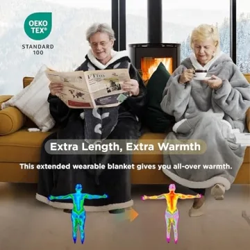 Bedsure Wearable Blanket Hoodie Women - Long Sherpa Hooded Blanket for Adult Warm Cozy Blanket Sweatshirt Gifts for Women Men, Standard, Grey