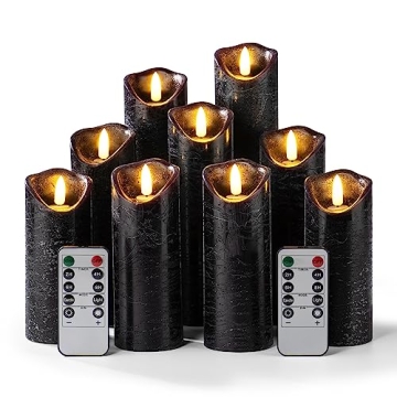 Pandaing Set of 9 Black Regular Textured Flameless Candles Battery Operated LED Real Wax Flickering ...