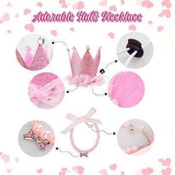 GAGILAND Dog Birthday Party Supplies Dog Birthday Outfit Pink Tutu for Dogs Dog Birthday Hat Necklace and Bowtie Hairpin for Dogs (16-23 inch Wrist)