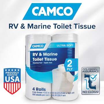 Camco RV Bathroom Toilet Tissue - 4 Rolls Sewer-Safe, Septic-Safe, Biodegradable 2-Ply Bath Tissue D...