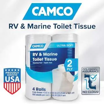 Camco RV Bathroom Toilet Tissue - 4 Rolls Sewer-Safe, Septic-Safe, Biodegradable 2-Ply Bath Tissue D...