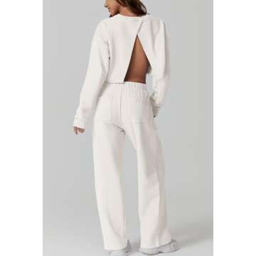 QINSEN Womens Crewneck Open Back Long Sleeve Crop Sweatsuit Elastic Waist Long Pants 2PCS Outfit Sets Loungewear