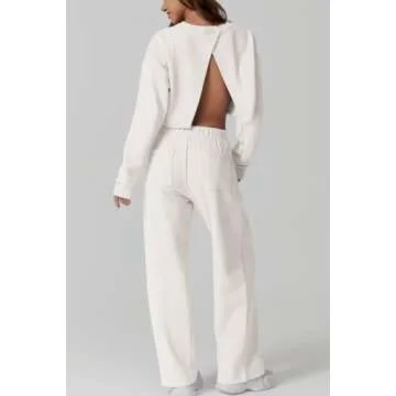 QINSEN Womens Crewneck Open Back Long Sleeve Crop Sweatsuit Elastic Waist Long Pants 2PCS Outfit Sets Loungewear