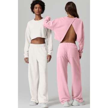 QINSEN Womens Crewneck Open Back Long Sleeve Crop Sweatsuit Elastic Waist Long Pants 2PCS Outfit Sets Loungewear