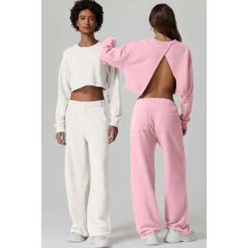 QINSEN Womens Crewneck Open Back Long Sleeve Crop Sweatsuit Elastic Waist Long Pants 2PCS Outfit Sets Loungewear