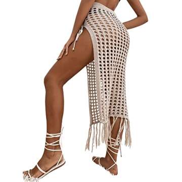 Verdusa Women's Fringe Split Knitted Swimsuit Beach Crochet Cover Up Skirt
