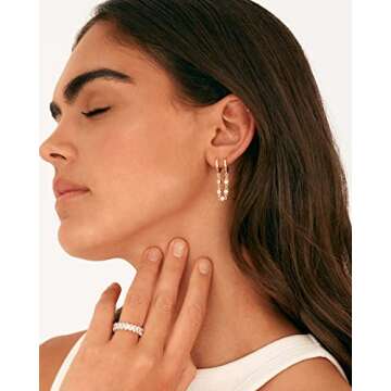 PAVOI Rhodium Plated Chain Earrings for Women - Double Piercing Dangle Huggie Hoop with Cubic Zircon...