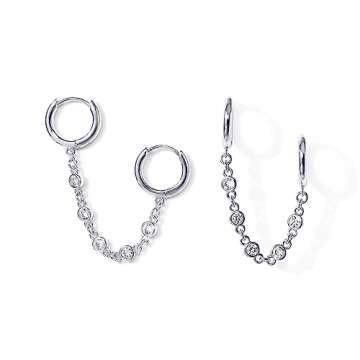 PAVOI Rhodium Plated Chain Earrings for Women - Double Piercing Dangle Huggie Hoop with Cubic Zirconia