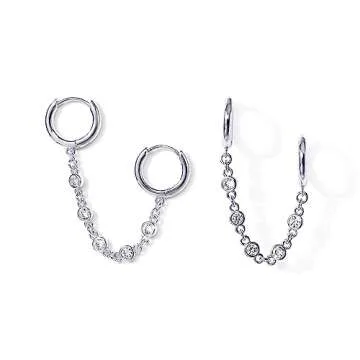 PAVOI Rhodium Plated Chain Earrings for Women - Double Piercing Dangle Huggie Hoop with Cubic Zirconia