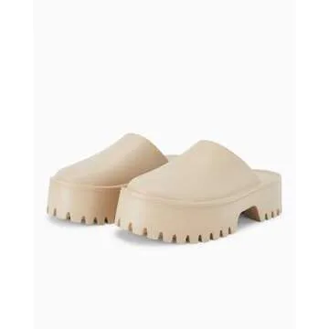 Coutgo Women's Platform Mules Slip On Thick Sole Slippers Closed Toe Cute Comfort Shoes, Beige, Size 7