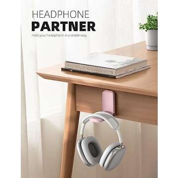 Lamicall Headphone Stand, Sticky Headset Hanger - Adhesive Headphone Holder Hook Mount, Headset Stand Holder Clip Under Desk, Earphone Clamp for Airpods Max, HyperX, Sennheiser, Pink