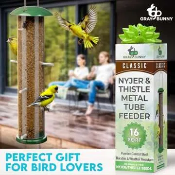 Gray Bunny Thistle & Nyjer Bird Feeders for Outdoors Hanging, Metal Finch Feeder with 16 Small Ports...
