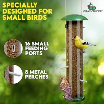Gray Bunny Thistle & Nyjer Bird Feeders for Outdoors Hanging, Metal Finch Feeder with 16 Small Ports & 8 Metal Perches, Chew Proof, Great for Wild Birds