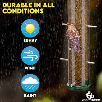 Gray Bunny Thistle & Nyjer Bird Feeders for Outdoors Hanging, Metal Finch Feeder with 16 Small Ports & 8 Metal Perches, Chew Proof, Great for Wild Birds