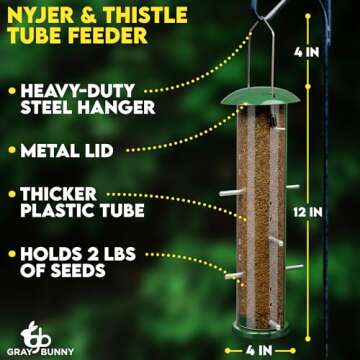 Gray Bunny Thistle & Nyjer Bird Feeders for Outdoors Hanging, Metal Finch Feeder with 16 Small Ports & 8 Metal Perches, Chew Proof, Great for Wild Birds