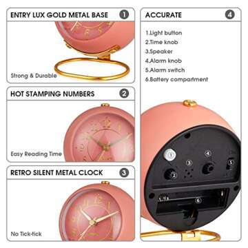 rjuwurv Metal Desk Alarm Clock, Retro Bedroom Table Vintage Analog Alarm Clock, Silent Non-Ticking Gold Alarm Clock, Bedside Décor(Sweet Pink)
