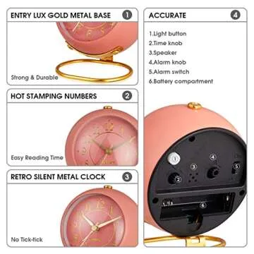rjuwurv Metal Desk Alarm Clock, Retro Bedroom Table Vintage Analog Alarm Clock, Silent Non-Ticking Gold Alarm Clock, Bedside Décor(Sweet Pink)